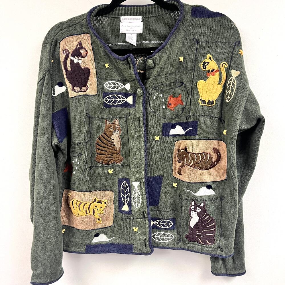 Vintage Women's Christopher & Banks knit cardigan Cat applique embroidered M